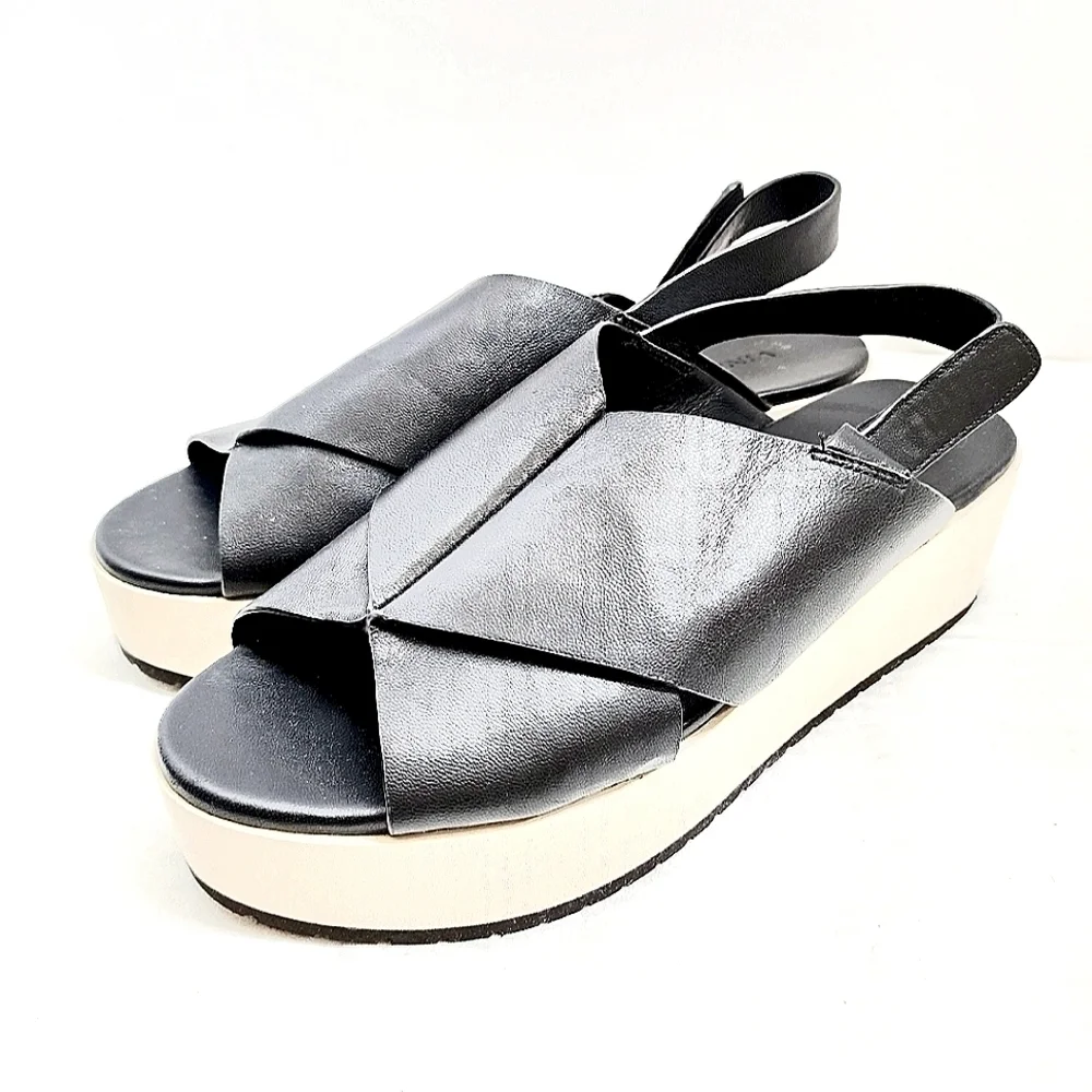 Vince Black Leather Jenaya Platform Slingback Sandals